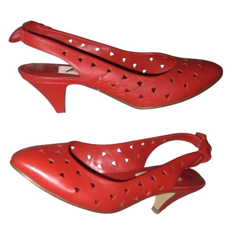 Footworks Heels Vintage 80's Slingbacks Red Hearts Bows Valentines Kawaii Pin Up